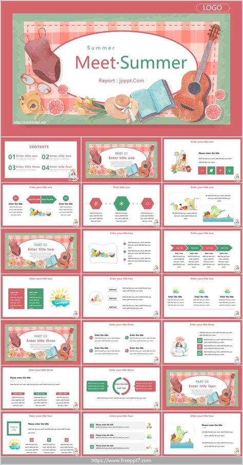 Cartoon Illustration Style PowerPoint Templates Watercolor Design Ideas, Cute Ppt Template, Canva Ppt Template, Canva Powerpoint Template, Cute Powerpoint Templates, Mẫu Power Point, Summer Elements, Template Cute, Watercolor Cartoon