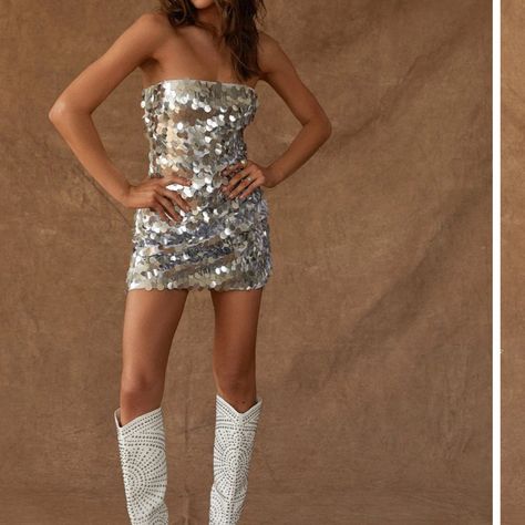 Pippa Silver Disco Sequin Mini Dress Disco Sparkly Outfit, Disco Party Dress Ideas, Disco Themed Hoco Dress, Disco And Diamonds Party Outfit, Disco Mini Dress, Sequin Dress Cowboy Boots, Silver Disco Outfit, Disco Club Outfit, Disco Outfit Aesthetic