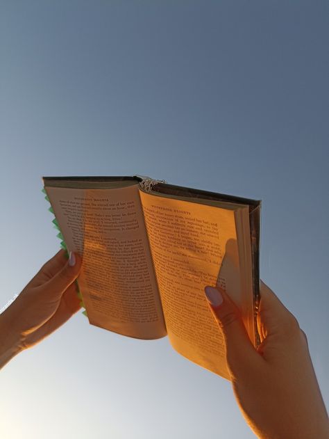 Two hands holding up at the sky a book that has almost turned golden from the rays of the setting sun that fall on it while only the light blue sky is seen in the background. The book is Charlotte Bronte's Wuthering heights. Golden Aesthetics, You're So Golden, Aesthetic Objects, Golden Hour Photos, Golden Hour Photography, Yellow Aesthetic, High Fantasy, Brown Aesthetic, Aesthetic Photo