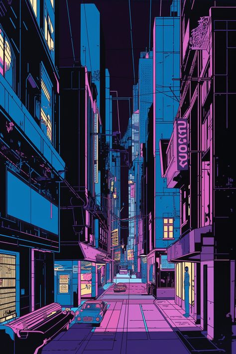 City Pop Background, Neon City Drawing, City Night Illustration, Monochromatic Cityscape, City Pop Illustration, Neon City Art, City Pop Aesthetic, Jazz Wallpaper, Purple City