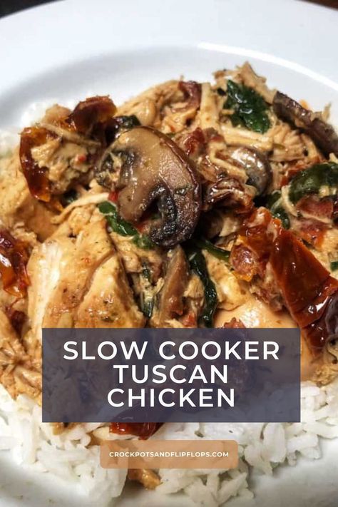 This rich and creamy Tuscan Garlic Chicken is chock full of sun-dried tomatoes, spinach, and mushrooms! You will be transported to a fancy restaurant when you take the first bite. The best part is it only takes 15 minutes of prep to make it! Make it today! Slow Cooker Chicken Mushroom, Mushroom Slow Cooker, Chicken Spinach Mushroom, Spinach And Mushrooms, Creamy Tuscan Garlic Chicken, Tuscan Garlic Chicken, Slow Cooker Chicken Chili, Crockpot Meal, Chicken Mushroom Recipes