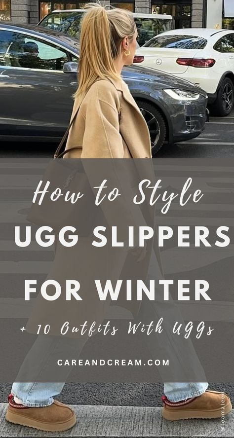 Looking for UGGs outfit ideas? Check out 10+ cozy and stylish ways to wear UGG slippers this season! Learn how to style UGG slippers, including UGG Tasman slippers outfit ideas and UGG Tazz slippers outfit ideas. From cute outfits with UGG slippers to comfy cold weather outfits, these winter outfits are perfect for any occasion! Womens Winter Slippers, How To Wear Ugg Tazz, Ugg Tazz Styling, Slipper Mules Outfit, Ugg Boot Styling, Slipper Outfits Women, Women’s Ugg Tasman Outfits, Hey Dudes Outfit Women Winter, How To Style Ugg Slippers Outfits