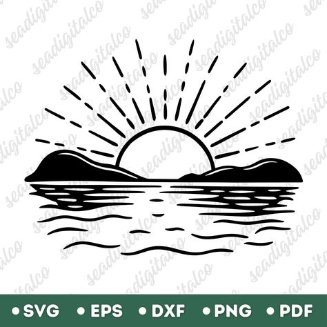 Land And Sea Drawing, Sunrise Drawing, Sun Svg, Hat Burning, Sea Drawing, Sunset Silhouette, Drawing Vector, Clipart Black And White, Svg For Cricut