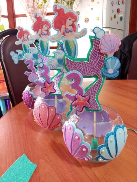 Diy Mermaid Birthday Shirt, Ariel Bday Party Ideas, Mermaid Centerpiece Ideas Diy, Mermaid Party Table Decor, Baby Ariel Birthday Party, Ariel Centerpieces Ideas, Little Mermaid Balloon Garland, Ariel Birthday Party Decorations, Mermaid Centerpiece Ideas