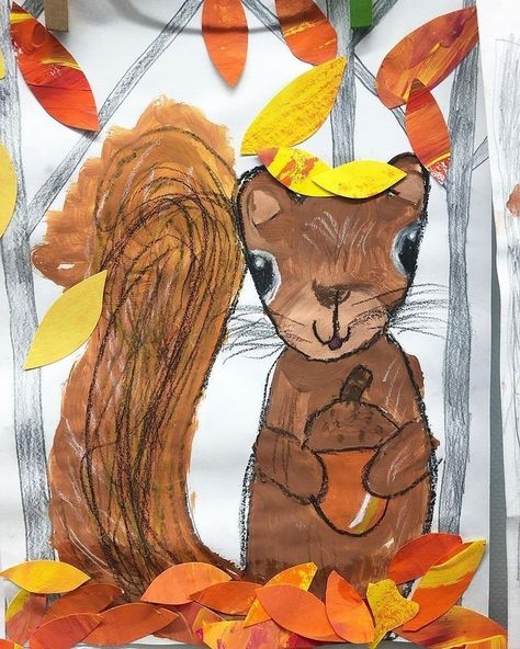 Cute Fall Art, Third Grade Art Project, Third Grade Art, Squirrel Art, Kindergarten Art Projects, 2nd Grade Art, Fall Art Projects, Jr Art, Thanksgiving Art