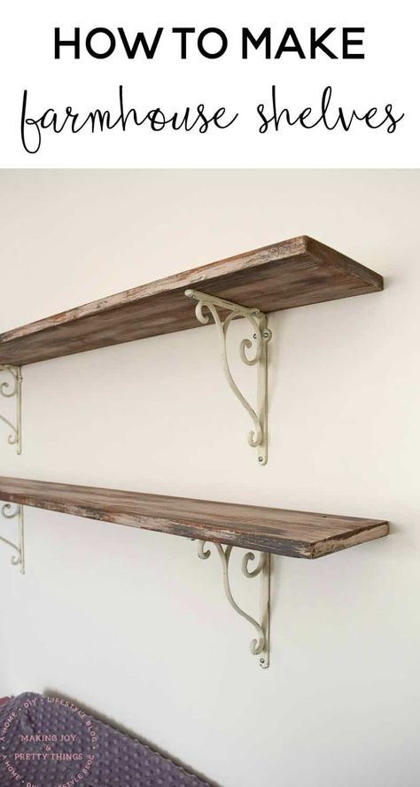 Learn how to make DIY rustic shelves in a distressed farmhouse style even if you don't have old reclaimed barn wood! Diy Rustic Shelves, Dry Brush Painting, General Finishes Milk Paint, Reclaimed Wood Shelves, Barn Wood Projects, Farmhouse Shelves, Old Barn Wood, Diy Wall Shelves, Oak Stain