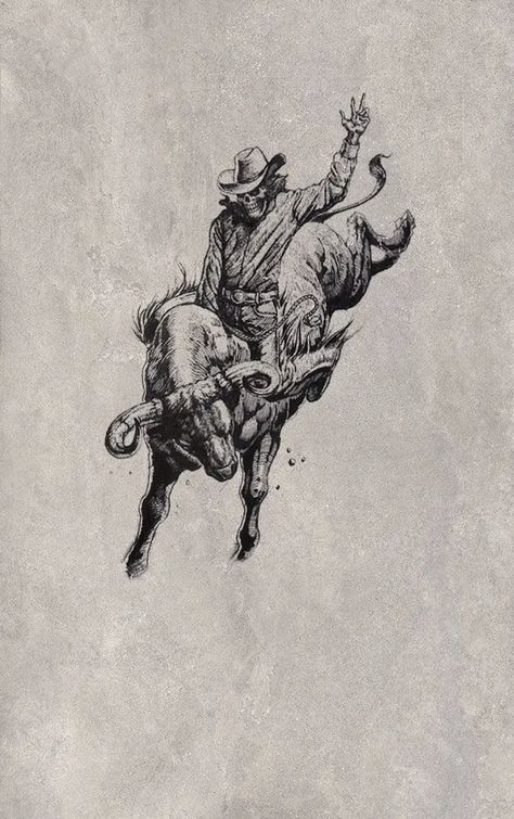 Back Tattoo Drawings For Men, Cowboy Leg Sleeve Tattoo, El Paso Mountains Tattoo, Bucking Cowboy Tattoo, Masculine Tattoo Ideas For Men, Cowboy Riding Bull Tattoo, Bull Tattoo Back, Cow Skull Tattoo Men, Bull Fighter Tattoo