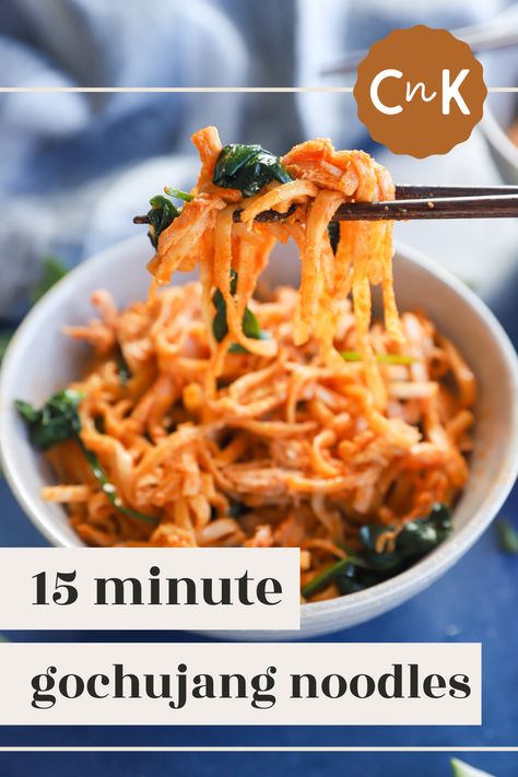 Gochujang Noodles are spicy, saucy, and flavorful! Ready in just 15 minutes, you can enjoy all the Korean-inspired flavors without all the time. The flavorful meal will spice up your weeknight meal routine. Gochujang Noodles, Witch's Kitchen, Noodles With Chicken, Noodles Chicken, Wheat Noodles, Chicken And Spinach, 15 Minute Meals, Quick Meal, Sauteed Vegetables