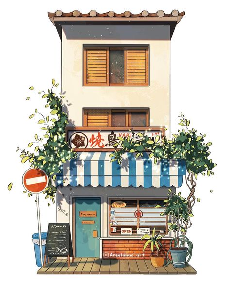 Angela H. on Instagram: “208/365 Isn’t this storefront looking familiar? Sneak peek of my upcoming online class - the final assignment storefront illustration is a…” Japanese Storefront Illustration, Angela Hao, Japanese House Drawing, Storefront Illustration, Japanese Neighborhood, Town Illustration, Sims4 House, Cute Town, Japanese Buildings