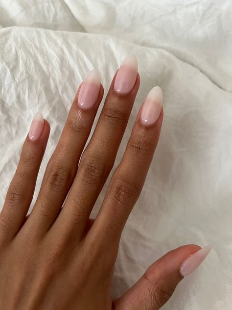 Natural Long Oval Nails, Blended French Manicure, Opaque French Nails, Gel Nail Polish On Natural Nails, Milky French Tip Nails Almond, Naked French Tip Nails, Nara Smith Nails, Almond Nails Ideas Elegant, Milky Clear Nails