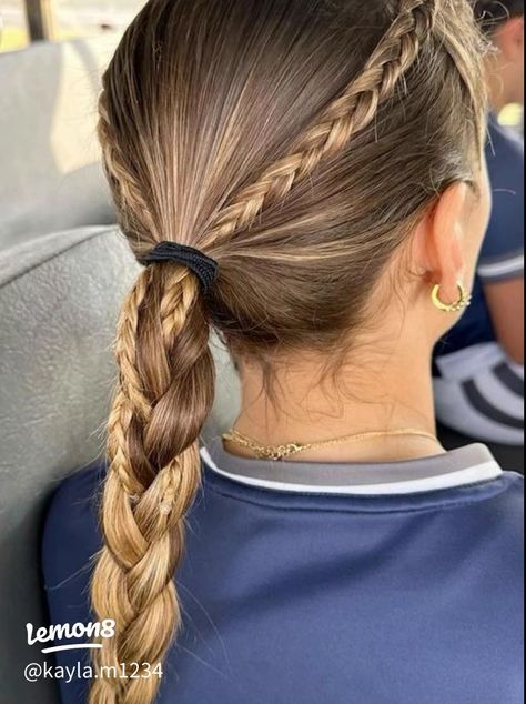 Hair Ideas For Sports Easy, Cute Soccer Hairstyles With Pre Wrap, Sport Picture Hairstyles, Simple Basketball Hairstyles, Girls Volleyball Hairstyles, Girls Lacrosse Hairstyles, Small Braids Into Ponytail, Simple Hairstyles For Thick Hair, Volleyball Practice Hairstyles