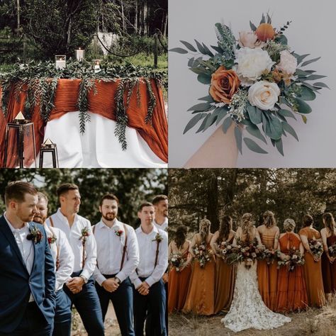 Orange And Sage Bouquet, Rust And Navy Groomsmen Attire, Burnt Orange And Blue Flower Arrangements, Rust Wedding Attire, Navy Rust Sage Wedding, Fall Color Palette Wedding Groomsmen, Teal And Rust Groomsmen, Fall Wedding Colors Bridesmaids And Groomsmen, Rust Wedding Party Attire