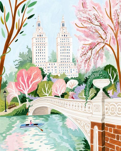 Happy 1st Day of Spring 🌷 Thought I’d celebrate by painting the iconic Bow Bridge nestled amidst the spring beauty of Central Park, New… | Instagram Amber Davenport, Happy 1st Day Of Spring, 1st Day Of Spring, Travel Barcelona, Bridge Painting, Posters Wall Art, Spring Beauty, Posters Wall, 1st Day