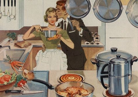 Kitchen Kiss 1950's magazine illustration.                                                    . 50s Housewife, 1950s Housewife, Cooking In The Kitchen, Vintage Housewife, Stepford Wife, Happy Housewife, Slow Cooker Bbq, Retro Housewife, Vintage Cooking