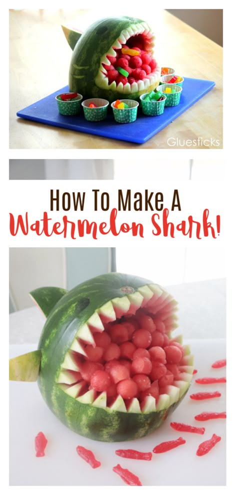 Shark Watermelon How To Make, Fun Watermelon Carving, Decorative Watermelon Carving, Shark Fruit Bowl, Fruit Fish Platter, Shark Fruit Tray, Watermelon Clam Shell, Ocean Fruit Platter, Watermelon Carved Ideas