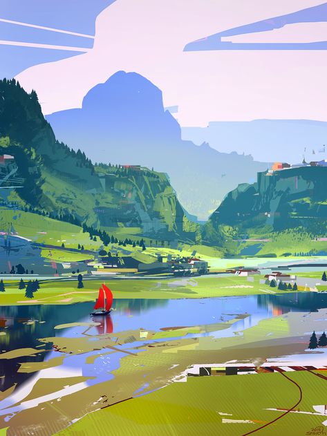 ArtStation - River, sparth 다크 판타지, Arte Inspo, Landscape Illustration, Hayao Miyazaki, Environment Design, 판타지 아트, Environment Concept Art, Environmental Art, Miyazaki