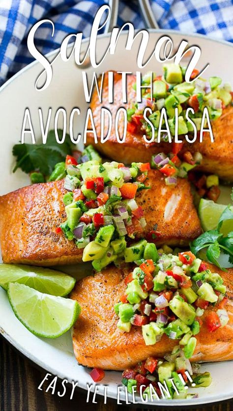 Salmon with avocado salsa is a fresh, easy and nutritious dinner that’s quick enough for a busy weeknight, yet elegant enough for company. Salmon Avocado Recipes, Avocado Dinner, Cilantro Lime Salmon, Avocado Recipes Dinner, Salmon With Avocado, Dinner Salmon, Seared Salmon Recipes, Nutritious Dinner, Recipes Avocado