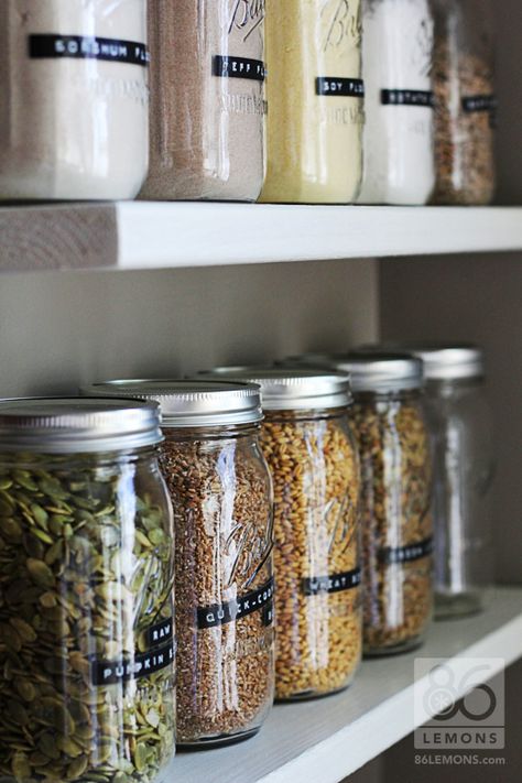 Open Pantry shelves with canning jars   86lemons.com Open Pantry Shelves, Open Pantry, Mason Jar Storage, Pantry Organisation, Rental Kitchen, Jar Storage, Pantry Shelf, Ball Jars, Pantry Storage