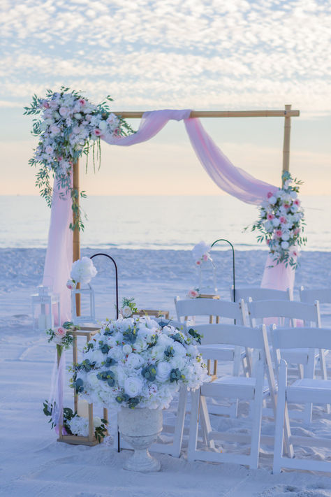 Sunset beach wedding in Destin Florida Purple Beach Wedding, Beach Wedding Color Palette, Beach Wedding Purple, Beach Wedding Pink, Pastel Pink Weddings, Beach Wedding Arch, Sunset Beach Weddings, Exotic Wedding, Beach Wedding Colors