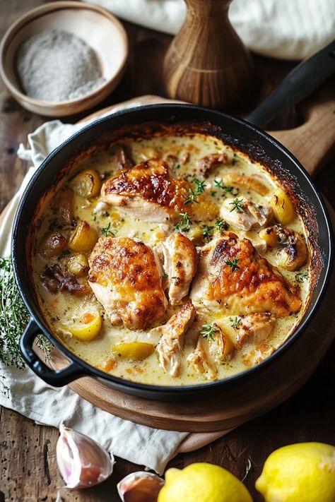 Indulge in the rich, comforting flavors of Normandy with this French Chicken Casserole à la Normande. Tender chicken, apples, and creamy sauce come together in this elegant yet easy-to-make dish, perfect for any dinner occasion. Don’t miss out on this delicious recipe! #frenchcuisine #chickencasserole #normanderecipe #comfortfood #homemadecooking #frenchrecipes #easydinners #chickendinner #foodie French Recipes Chicken, Normandy Chicken Recipe, French Style Chicken And Potatoes, French Chicken Pot Pie, French Peasant Food, Chicken Normandy Recipe, French Comfort Food, French Roasted Chicken, Chicken Thighs Casserole Recipes