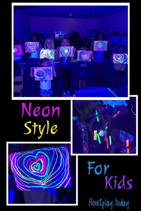 Let's explore Neon, Black lights, and anything that glows-in-the-dark!  We create and explore using Neon oil pastels, highlighters, black lights, and so much more.  Dress for the mess and a warning to parents, your children may end up fully covered in highlighters... {don't worry, it easily washes off}    Please, please, please don't stress about this mess.  This group of kiddos ranged from barely 3 years to 11 years old and everyone went home happy and stain free. Neon Preschool Activities, Glow In The Dark Elementary Art, Glow In The Dark Artwork, Glow In The Dark Art For Kids, Neon Activities For Kids, Glow In The Dark Painting Ideas Easy, Neon Crafts For Kids, Glow Art Projects, Glow In The Dark Art Projects