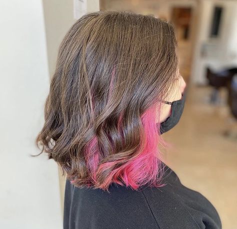 Short Pink Hair Underneath, Inside Dyed Hair, Short Hair With Pink Underneath, Underlayer Dyed Hair, Hot Pink Underneath Hair Brown, Pink Underhair Dye, Underlayer Pink Hair, Bottom Half Pink Hair, Pink Peekaboo Highlights Short Hair