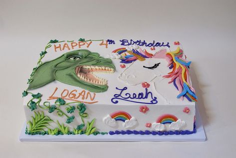 Dinosaur and Unicorn 301326 | Twins birthday cake. Hand-draw… | Flickr Unicorn Dinosaur Party, Dinosaur And Unicorn Birthday Party, Shared Birthday Parties, Dinosaur Party Ideas, Sibling Birthday Parties, Combined Birthday Parties, Unicorn Dinosaur, Twin Birthday Cakes, Shopkins Birthday Party