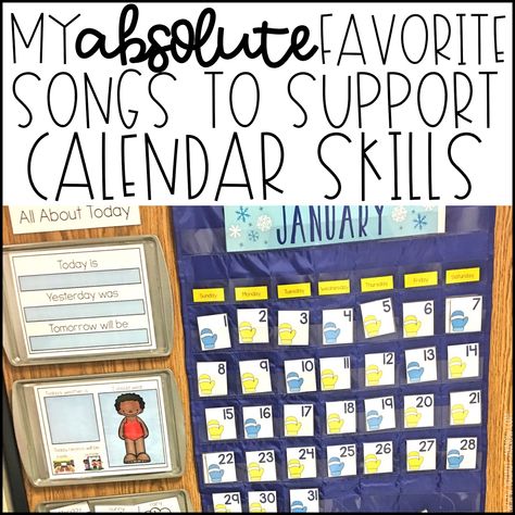 Incorporating songs during our calendar time lends itself to multi sensory learning in my special education classroom. Check out 3 of my favorite songs to use during calendar time. Preschool Calendar Time, Calendar Time Kindergarten, Time Kindergarten, Kindergarten Architecture, Teaching Calendar, Morning Calendar, Kindergarten Calendar, Calendar Skills, Preschool Calendar