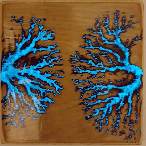 Wood burning, which goes by pyrography when it's feeling fancy, has been an art form for centuries. [PapaJ06] puts a new twist on it by using a microwave oven transformer to generate fractal pattern... Wood Panneling, Lichtenberg Figures, Dark Wood Table, Wood Resin Table, Wood Projects For Kids, Wood Resin Jewelry, Wood Art Projects, Fractal Patterns, Wood Burning Art