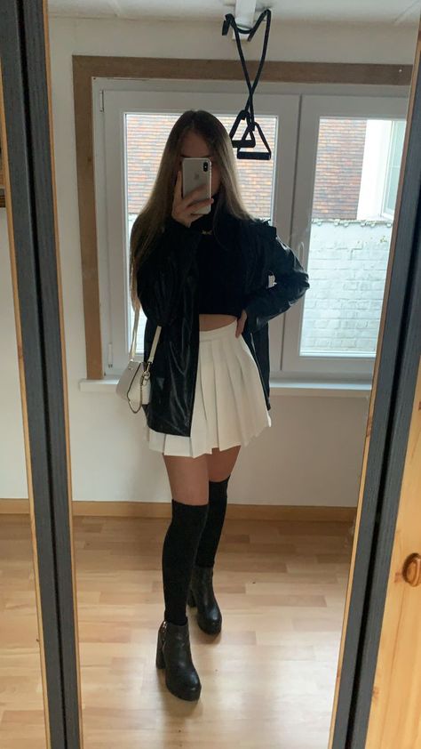 Skirt vest aesthetic cute outfit trendy Black Socks Outfit, White Skirt Black Top, Long Socks Outfit, Black Tennis Skirt Outfit, White Tennis Skirt Outfit, Vest Aesthetic, Long Black Socks, Black Boot Heels, White Leather Skirt