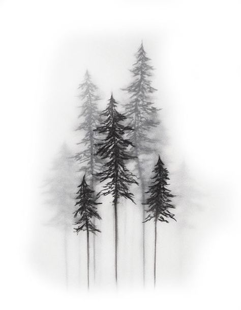 Pnw Tree Tattoo, Misty Forest Tattoo, Pine Tree Silhouette Tattoo, Foggy Forest Tattoo, Foggy Tattoo, Black And White Tree Tattoo, Pnw Tattoo Ideas, Forest Creature Tattoo, Fine Line Forest Tattoo