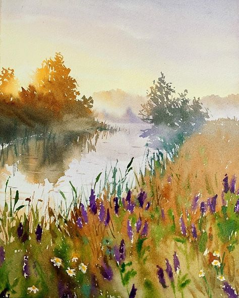 Watercolor Pixel Art, Watercolor Landscape Flowers, Water Colour Land Scapes, Scenery Watercolor Paintings, Watercolour Inspiration Landscape, Watercolor Art People, Water Coloring Painting, Spring Watercolor Painting, Watercolour Scenery