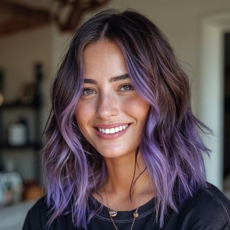 Dark Brown And Violet Hair, Deep Dye Hair, Black To Lavender Hair, Hair For Fair Skin Hazel Eyes, Light Purple Tips Hair, Chocolate Brown Purple Hair, Purple Tips Brown Hair, Short Brown Hair With Colored Highlights, Purple Hair Highlights Brown Brunettes