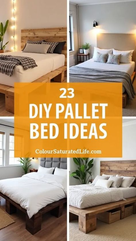 Add a rustic touch to your bedroom with these 23 DIY pallet bed ideas! Pallet beds are a budget-friendly, creative way to bring a cozy, natural vibe to your space. From simple platforms to stunning headboards, these ideas show how versatile pallets can be. Whether you're aiming for a laid-back, farmhouse look or a more modern style, these DIY pallet beds are perfect for any decor. Get inspired to build your own and add a charming, rustic feel to your bedroom with these easy and creative pallet projects!   #DIYPalletBed #RusticBedroom #PalletFurniture #BedroomDecor #UpcycledDecor Diy Pallet Bed Headboard, Pallet Beds Ideas, Pallet Double Bed, Wooden Pallet Beds Aesthetic, Bed Pallets Ideas Small Spaces, Bedroom Pallet Ideas, Stunning Headboards, Bedroom Palette Ideas, Diy Pallet Bed Ideas