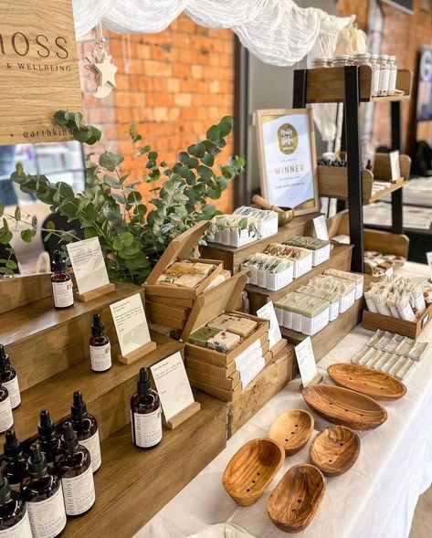 Holistic Store Ideas, Apothecary Market Display, Christmas Market Stall Display Ideas, Soap Vendor Booth Display Ideas, Soap Shop Display Market Stalls, Essential Oil Vendor Booth Ideas, Farmers Market Candle Booth, Incense Market Display, Retail Soap Display Ideas