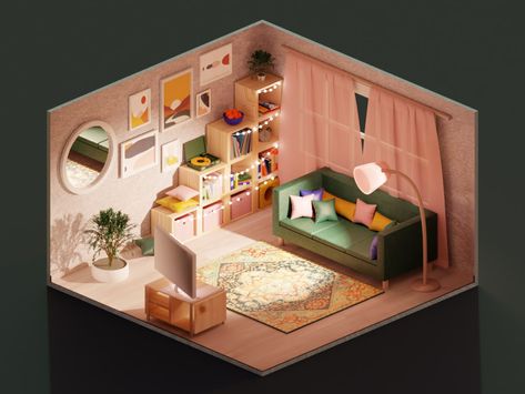 3D Isometric Living room Isometric Room 3d, Isometric Living Room, Room Reference, Isometric Room, Grease Pencil, Lego House Ideas, 3d Isometric, Graphic Design Jobs, 3d Blender