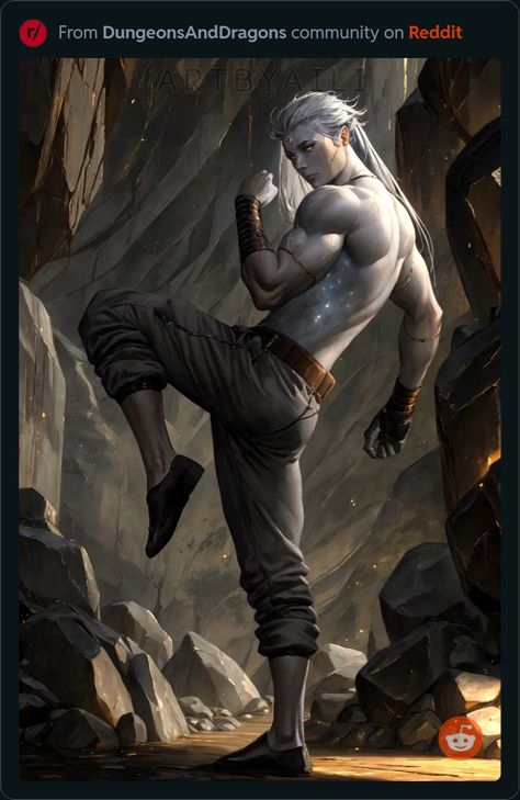 Drow Monk Dnd, Earth Genasi Monk, Human Bard Male, Aasimar Rpg, Aasimar Dnd Male, Earth Genasi Male, Dnd Character Art Male Human, Aasimar Monk, Pathfinder Monk