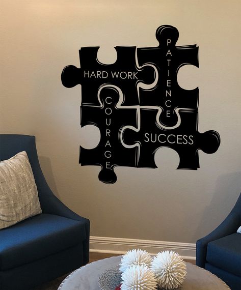 Motivational Wall Quote for Office Decor. Hard Work, Patience, Courage, Success Inspirational Puzzle Pieces Wall Decal Sticker. #1114 Start your day with a positive mindset! Custom Sizes Available: *All sizes are available, so if you need a bigger or smaller size decal, let us know before you purchase.  Additional fees for larger size cuts may apply. *Some decals may come in multiple pieces due to the size of the design. *Our decals can be positioned indoors or outdoors. How to Apply Decal: *Instructions are provided with each decal *This is the fun part! No tools needed. Decals can be applied within minutes. *Some decals may come in multiple pieces due to the size of the design. *Can be applied using a credit card or any plastic squeegee scraper to smooth out the decal onto the wall.  Wil Puzzle Piece Wall Decor, Large Wall Office Decor, Wall Vision Board Ideas, Motivational Room Decor Ideas, Office Quotes Motivational Wall Art, Puzzle Quotes Inspiration, Elementary Principal Office Decor Ideas, Diy Office Decor At Work, Company Wall Design