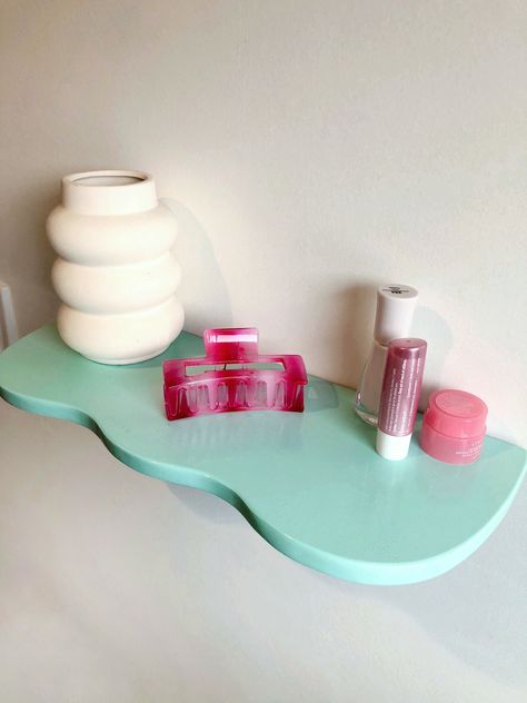 Wavy Shelf Pink | Squiggle shelf | Funky Decor | Pastel shelves | Danish Pastel Wall Decor | Aesthetic Home Decor | Eclectic | Maximalist -Dimension about: 14 Inches Width, 5.5 Inches Depth and 2.5 Inches Height -Matching color brackets -Decorative shelf holds around 10lbs - perfect wall decor for candles, small planters and cute aesthetic things! Our items are crafted with specially selected Poplar hardwood, which is not only durable and high-quality, but is also a locally sourced renewable res Funky Wall Shelves, Squiggle Shelves, Squiggle Shelf, Blob Aesthetic, Wavy Shelves, Pastel Shelves, Funky Shelves, Small Colorful Bathroom, Wall Shelving Ideas