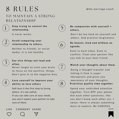 🌟 8 RULES FOR A STRONG RELATIONSHIP 1️⃣ Let go of control 2️⃣ Avoid comparisons 3️⃣ Speak words of love ... Becoming more conscious, aware of what we have already, and not was we are missing out on is key. Be thankful what your partner is doing, and say it. #positiveoutlook #consciousrelationship #marriagetruth #selfdevelopment #bestversion Couple Rules Relationships, Standards For A Relationship, Being A Conscious Partner, Relationship Pros And Cons List, Rules For Marriage, Pro And Cons List Relationship, Marriage Expectations List, 3 Month Rule Relationship, Relationship Expectations List