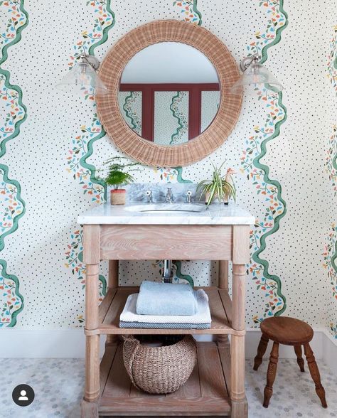 Elle Hooper | Interior Designer on Instagram: “@findda_design have perfected bringing the countryside to london here in their latest post. How gorgeous is this rustic vanity and…” Caroline Wallpaper, Project Wallpaper, Cottage Style Bathrooms, Wallpaper Bathroom, Rustic Vanity, London Townhouse, Style Bathroom, Bathroom Wallpaper, Nursery Wallpaper