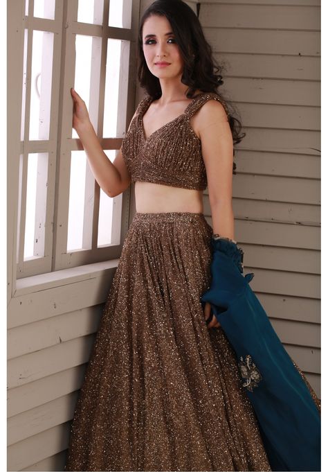 Shimmer Dress Indian, Brown Lengha, Sequin Party Dress Classy, Marwar Couture, Shimmer Lehenga, Vani Vats, Floral Skirt Outfits, Designer Bridal Lehenga Choli, Simple Lehenga