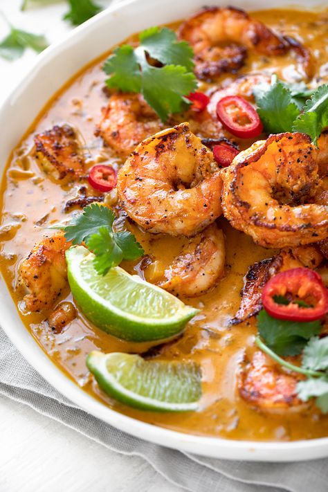 This coconut curry shrimp is mildly spicy and creamy, and brimming with Thai-inspired flavors such as curry paste, lemongrass, and ginger! | thecozyapron.com #coconutcurryshrimp #coconutcurryshrimprecipe #coconutcurryshrimpeasy Coconut Curry Baked Cod, Red Thai Coconut Curry Shrimp, Thai Coconut Shrimp Curry, Fall Shrimp Recipes, Thai Prawn Curry, Shrimp Coconut Curry, Thai Shrimp Curry, Shrimp Curry Recipe, Thai Coconut Curry