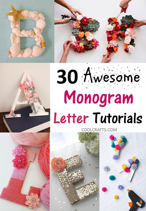 30 monogram letters tutorial that would go perfect on a cake, http://www.coolcrafts.com/monogram-letters-tutorials/ Diy Letter Decor Initials, Diy Letter Ideas, Diy Letter Decor, Letter Decoration Ideas, Letters Tutorial, Diy Monogram Letters, Initial Crafts, Craft Letters, Letter Diy