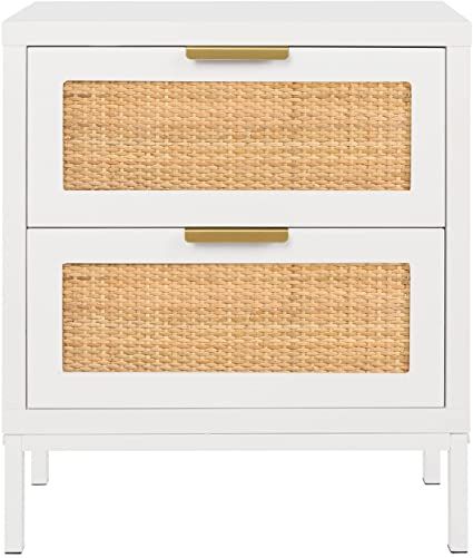 Boho White Nightstand, White And Rattan Nightstand, White Rattan Nightstand, Rattan Night Stand, Cane Bedroom, White Bedside Drawers, Night Stand White, Rattan Drawers, Costal Bedroom