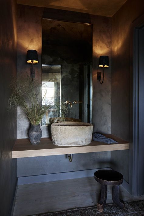 A Serene Country Home | Lark & Linen Dark Limewash Walls Bathroom, Dark Farmhouse Bathroom, Wellness Keller, Modern Masculine Bathroom, Dark Toilet, Stone Sink Bathroom, Dark Powder Room, Modern Half Bath, Limewash Walls