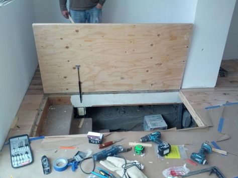 Help! Floor door into basement with gas springs - DoItYourself.com Community Forums Trap Door In Floor, Trap Door To Basement, Stylish Basement, Stair Idea, Secret Room Doors, Crawl Space Door, Basement Door, Flush Hinges, Hydraulic Arm