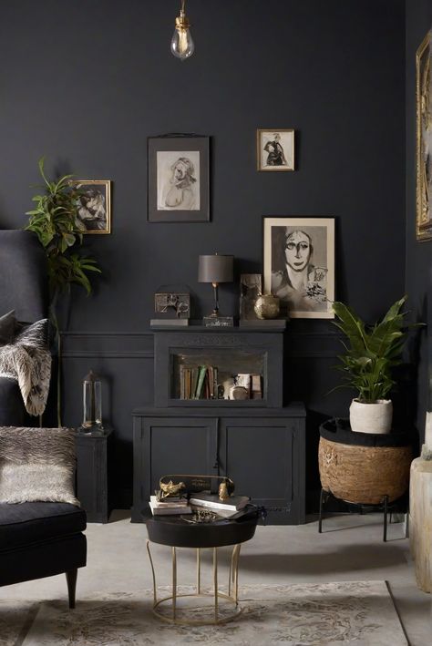 1. Darkroom wall paint
2. Living room decor
3. Interior design
4. Westpear Interiors Monochrome Painted Room, Dark Paint Living Room Ideas, Wall Paint Living Room, Dark Wall Colors, Grey Painted Rooms, Interiors 2024, Paint Living Room, Dark Walls Living Room, Charcoal Wall