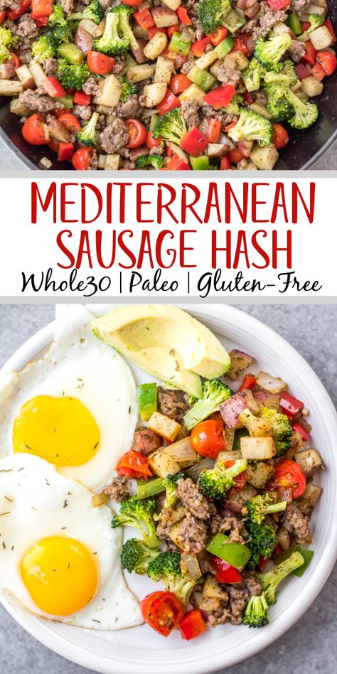 This is the easiest Whole30 and egg free breakfast! Mediterranean breakfast hash, or breakfast skillet, is a one pan recipe that comes together in under 30 minutes. It's full of hearty vegetables like potatoes, onions and broccoli, and seasoned to perfection. It's a perfect paleo or gluten-free meal prep recipe that reheats well, or family friendly option for a quick morning meal. #whole30breakfast #whole30eggfree #breakfastskillet #breakfasthash #glutenfree On The Go Paleo Breakfast, Mediterranean Diet Recipes Family Friendly, Mediterranean Sausage Recipes, Quick Mediterranean Breakfast, Paleo Mediterranean Recipes, Mediterranean Breakfast Bowl, Mediterranean Diet Recipes Gluten Free, Gluten Free Mediterranean Recipes, Gluten Free Recipes Breakfast