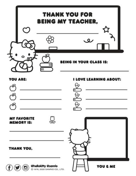 Thank you for being my teacher sheet sanrio hello kitty Sanrio Coloring Pages Printable, Teacher Coloring Pages, Hello Kitty Book, Hello Kitty School, Hello Kitty Imagenes, Hello Kitty Colouring Pages, Hello Kitty Printables, Hello Kitty Crafts, Hello Kitty Themes